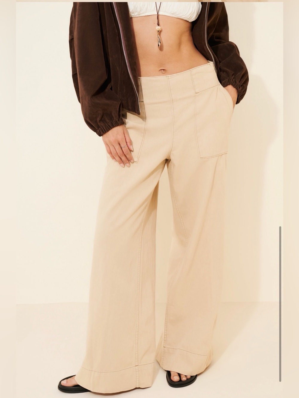 ✌🏽☮️Free People Breezy Beige Denim Wide-Leg Pull On Utility Pants Jeans☮️✌🏽